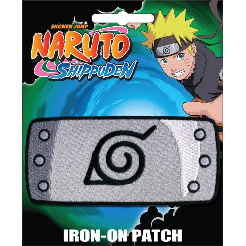Naruto Shippuden iron-on patch featuring the Uchiha leaf symbol on a gray rectangular patch, mounted on branded backing card with Naruto character artwork and the text 'SHONEN JUMP NARUTO SHIPPUDEN' and 'IRON-ON PATCH'.