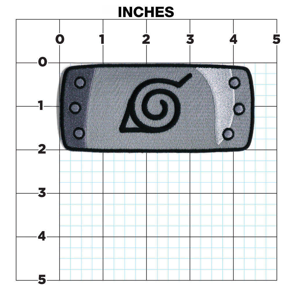 An embroidered rectangular patch with the Naruto Uzumaki village symbol, displayed on a blue-lined measurement grid with 'INCHES' at the top to show its size.