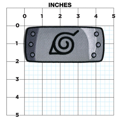 An embroidered rectangular patch with the Naruto Uzumaki village symbol, displayed on a blue-lined measurement grid with 'INCHES' at the top to show its size.