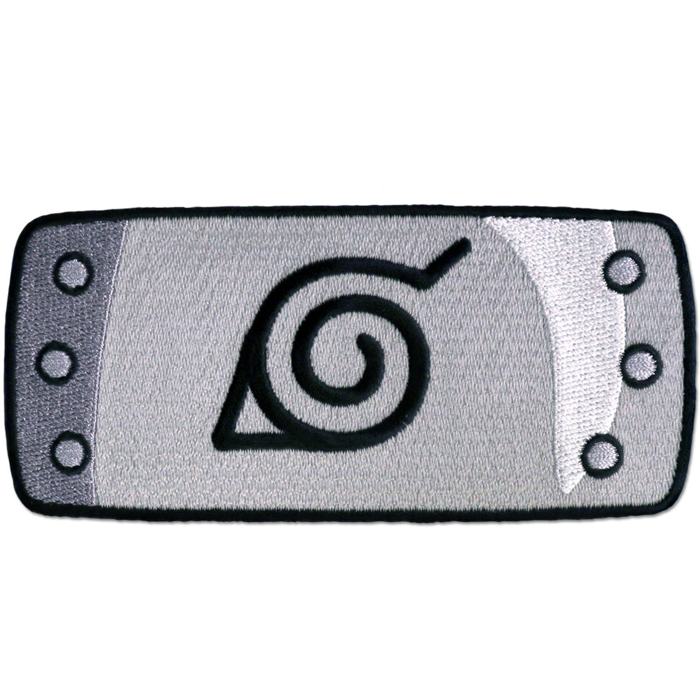 An embroidered patch of an anime Naruto headband, featuring the Uzumaki leaf symbol in black on a textured gray and silver background with black border and mounting holes.