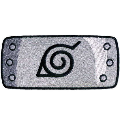 An embroidered patch of an anime Naruto headband, featuring the Uzumaki leaf symbol in black on a textured gray and silver background with black border and mounting holes.