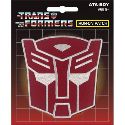 Transformers autobot iron-on patch with red and white emblem on a black background available at chimploot.com