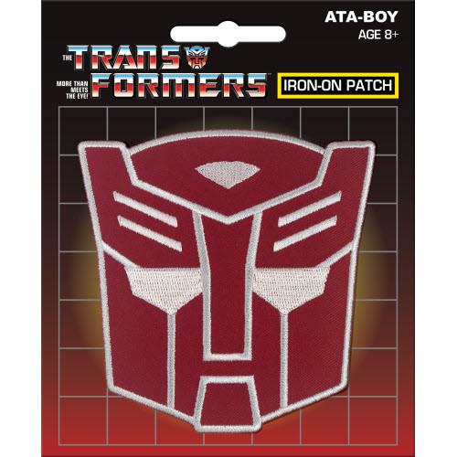 Transformers autobot iron-on patch with red and white emblem on a black background available at chimploot.com
