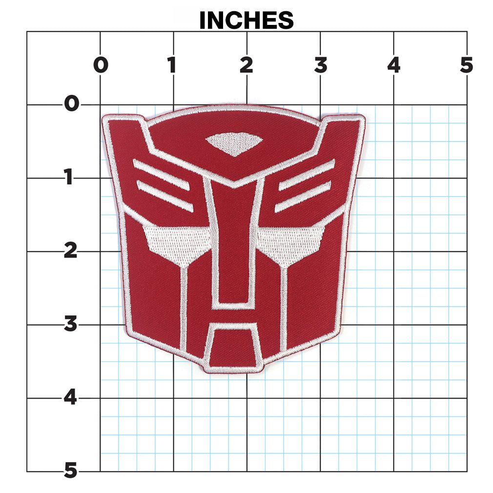 Transformers autobot iron-on patch with red and white emblem on a black background available at chimploot.com