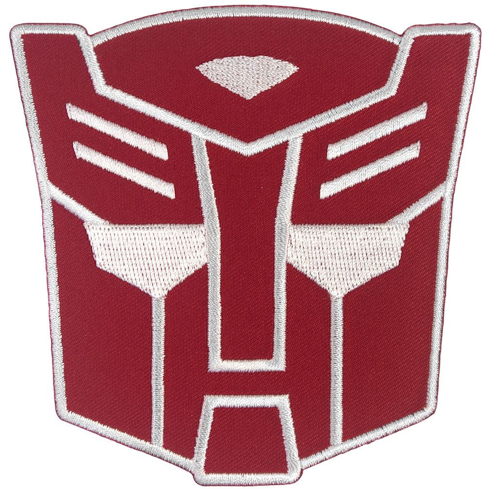 Transformers autobot iron-on patch with red and white emblem on a black background available at chimploot.com
