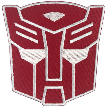 Transformers autobot iron-on patch with red and white emblem on a black background available at chimploot.com