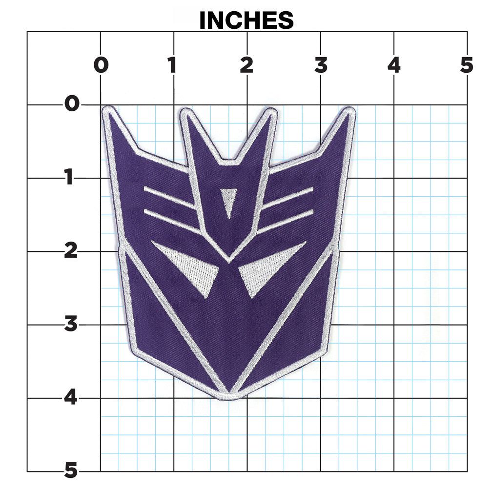 Transformers iron-on patch with Decepticon logo on a purple  background available at chimploot.com