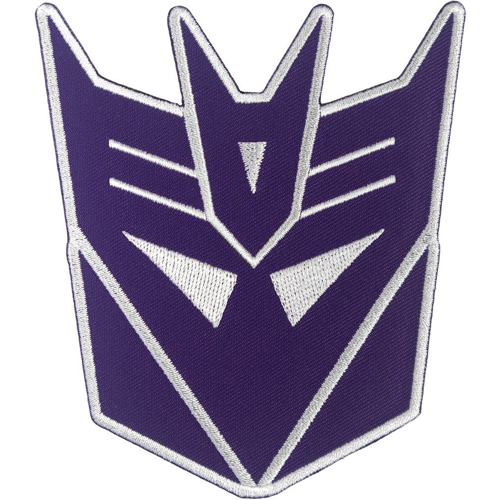 Transformers iron-on patch with Decepticon logo on a purple  background available at chimploot.com