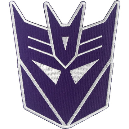 Transformers iron-on patch with Decepticon logo on a purple  background available at chimploot.com