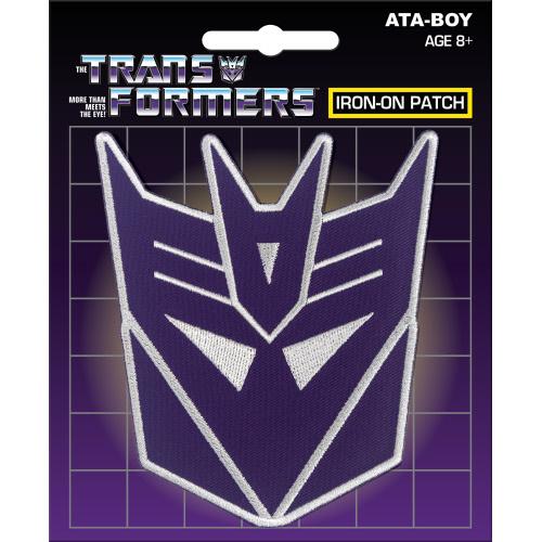 Transformers iron-on patch with Decepticon logo on a purple  background available at chimploot.com