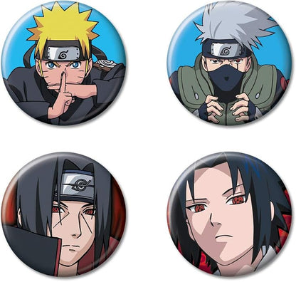 Set of four circular buttons featuring animated characters from Naruto Shippuden anime