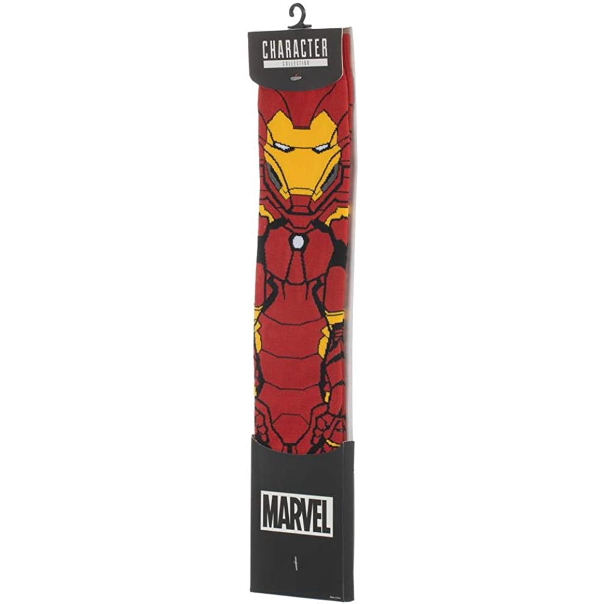 A packaged Marvel character sock featuring Iron Man, hanging on a black retail card with a hanger. The sock has a red and gold Iron Man design, and the packaging includes a black top label reading 'CHARACTER' and a black bottom label reading 'MARVEL'.