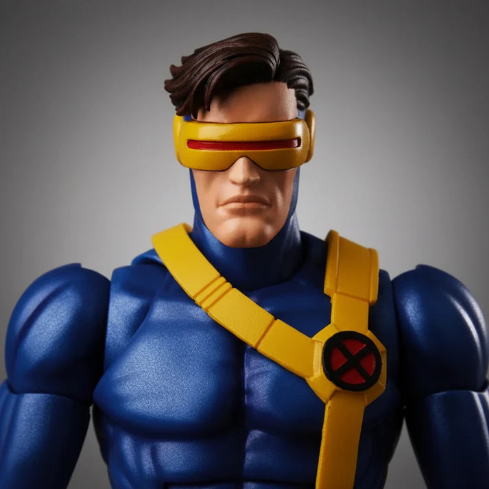 MAFEX No.099 Cyclops X-Men Action Figure in blue and yellow costume on a gray background