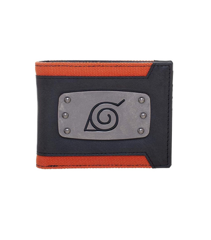 Front view of the Naruto anime manga Hidden Leaf Village Bi-Fold Wallet with metal badge and card slots available at Chimploot.com