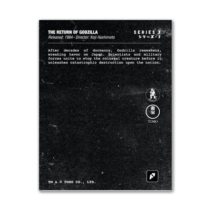 Black and white poster for 'The Return of Godzilla' with text and logos.