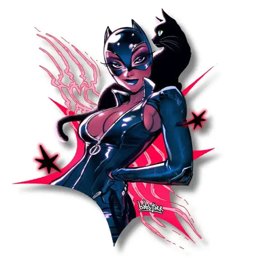 A stylized comic-book illustration of Catwoman in a glossy black catsuit with a black cat on her shoulder, set against a white background with pink and black graphic accents.