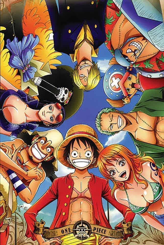 Illustration of characters from the anime 'One Piece' arranged in a circle.
