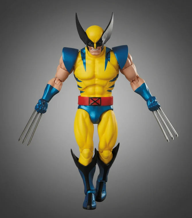 MAFEX No.096 Wolverine X-Men Action Figure of a superhero in yellow and blue costume with claws on a gray background