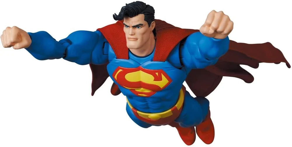 Superman action figure with blue suit, red cape, and yellow belt on a white background. MAFEX No.161 Superman Batman: The Dark Knight Returns available at chimploot.com