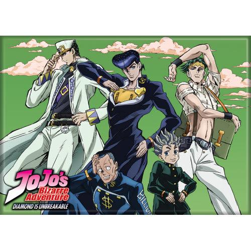 A rectangular printed panel or poster featuring anime characters from JoJo's Bizarre Adventure: Diamond is Unbreakable, including Jotaro, Usagi, and other characters, set against a green sky with clouds. The title logo is visible in the lower left.