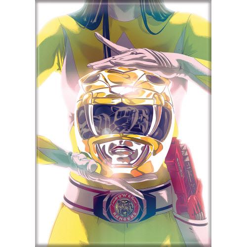 Mighty Morphin Power Rangers yellow ranger in a yellow suit holding a helmet with a reflective surface available now at chimploot.com