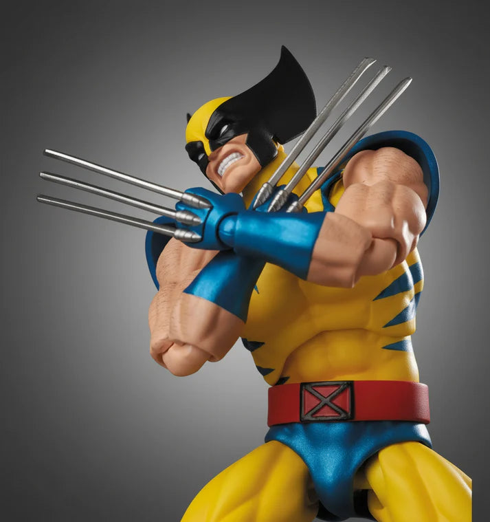 MAFEX No.096 Wolverine X-Men Action Figure of a superhero in yellow and blue costume with claws on a gray background