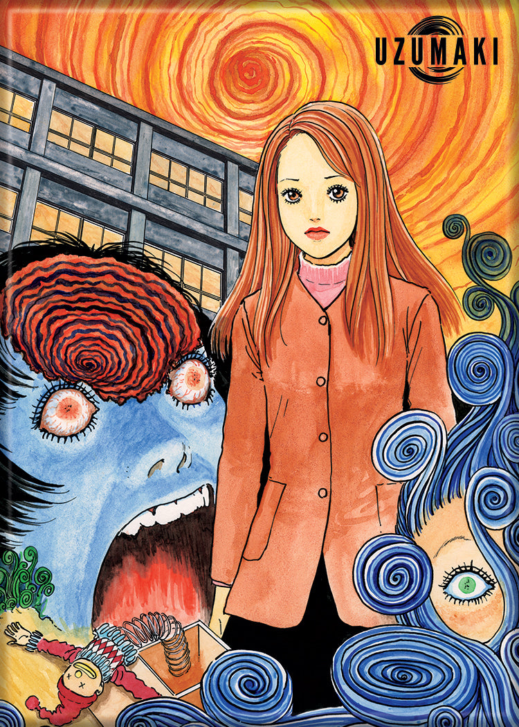 Illustration of a woman in an orange coat with swirling patterns and a creature in the background, featuring the Uzumaki logo.