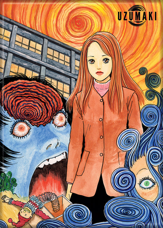 Illustration of a woman in an orange coat with swirling patterns and a creature in the background, featuring the Uzumaki logo.