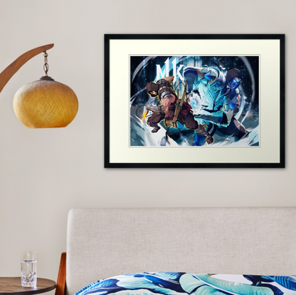 limited-edition print, exclusively crafted for ChimpLoot.com, featuring the iconic video game battle between Mortal Kombat 11's Scorpion and Sub-Zero