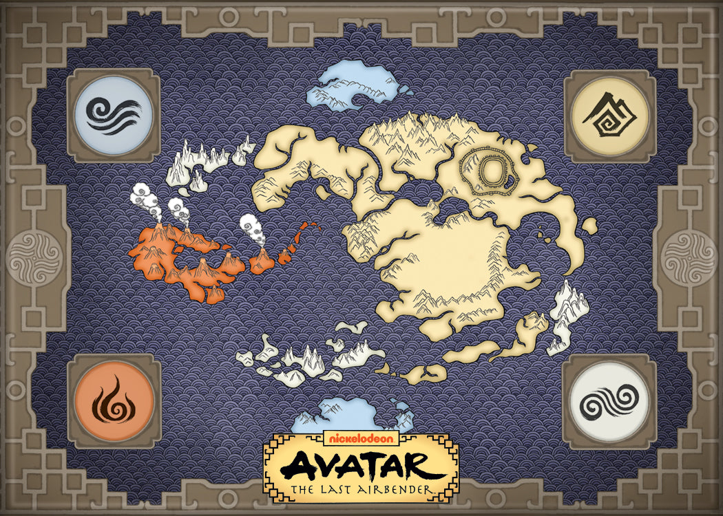 Avatar: The Last Airbender magnet map of the Fire Nation, Water Nation, and Earth Nations, featuring a dark blue textured background, beige landmasses, and orange and white accents, with the Avatar Legends logo at the bottom.