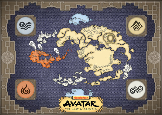 Avatar: The Last Airbender magnet map of the Fire Nation, Water Nation, and Earth Nations, featuring a dark blue textured background, beige landmasses, and orange and white accents, with the Avatar Legends logo at the bottom.