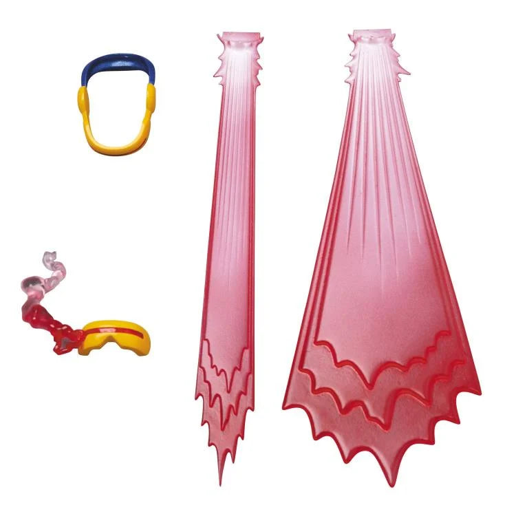 Pink and red plastic wings with a yellow and blue strap on a white background