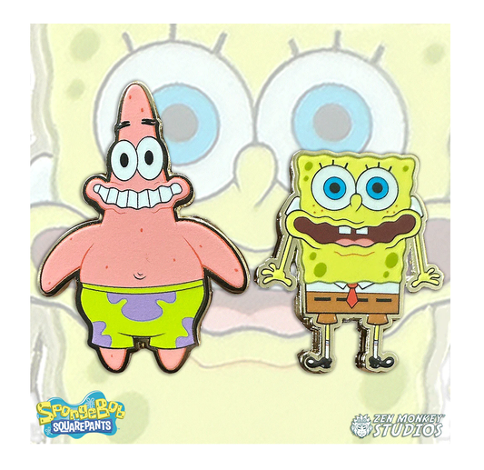 Two SpongeBob-themed enamel pins displayed on a pale yellow backing card. The left pin shows Patrick Star with pink skin and green-and-purple shorts, and the right pin shows SpongeBob SquarePants in his yellow square body, white shirt, brown pants, and red tie.