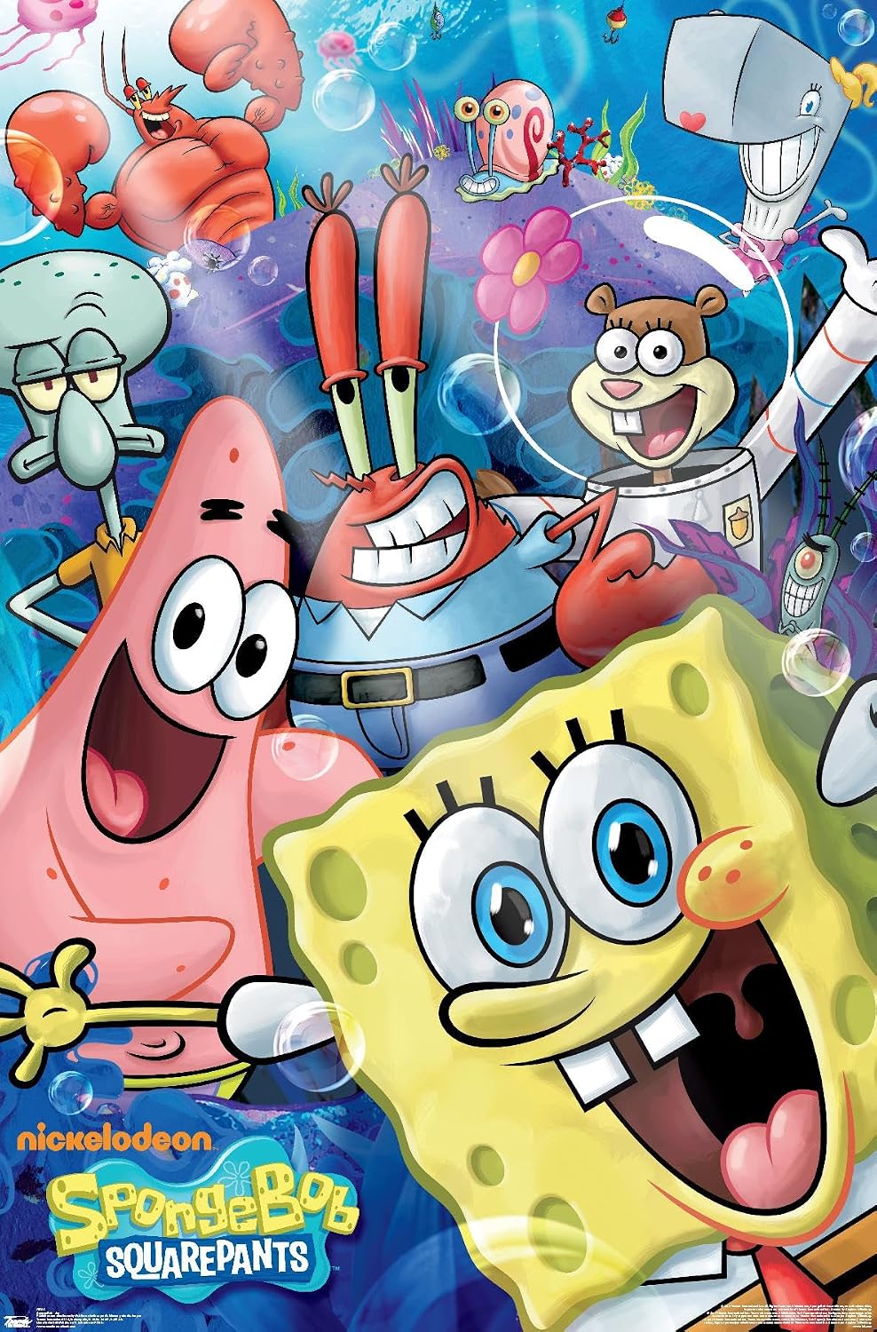 Cartoon characters from 'SpongeBob SquarePants' with colorful background