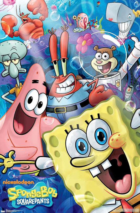 Cartoon characters from 'SpongeBob SquarePants' with colorful background