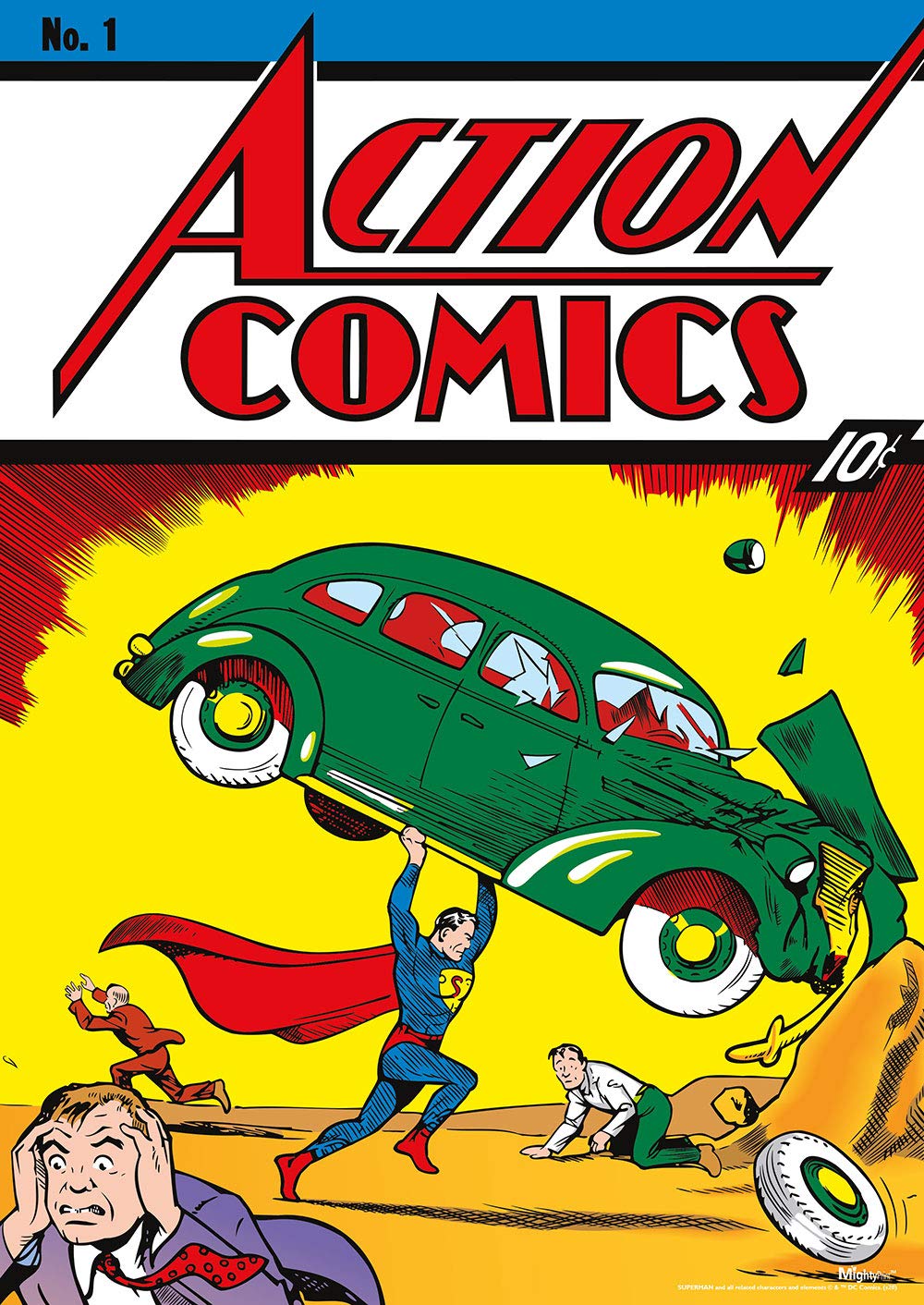 Comic book cover featuring Superman lifting a car with a vintage car design.