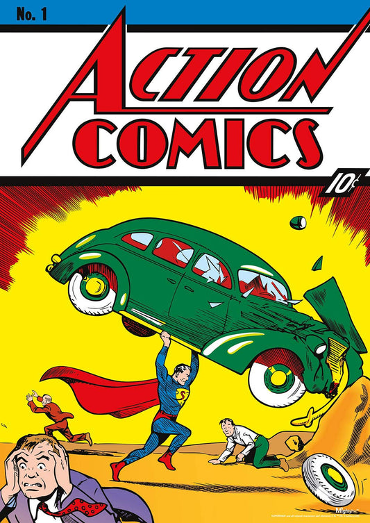 Comic book cover featuring Superman lifting a car with a vintage car design.