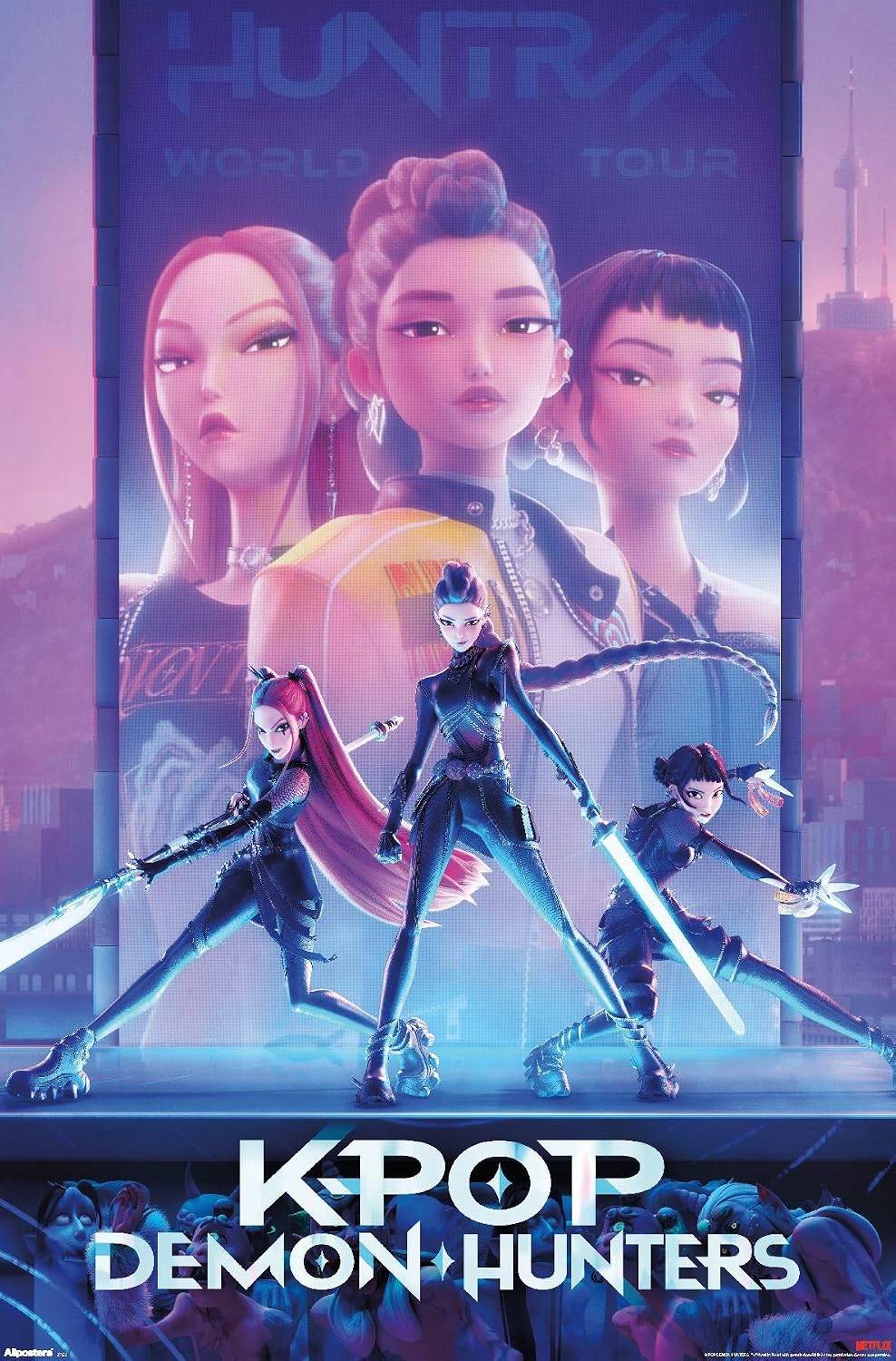 Promotional poster for 'K-POP Demon Hunters' with characters and text on a futuristic cityscape background.