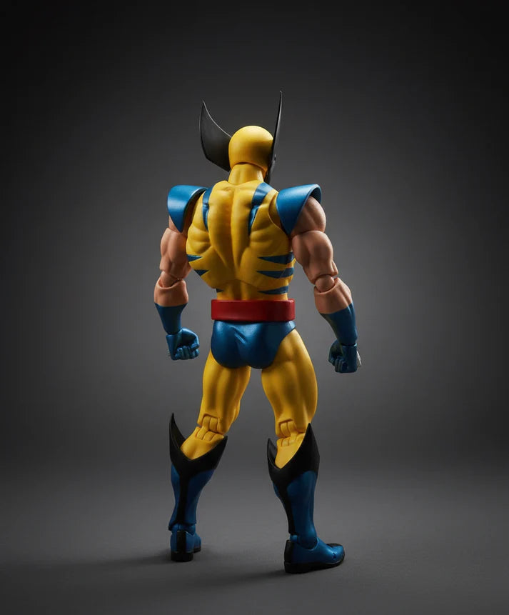MAFEX No.096 Wolverine X-Men Action Figure of a superhero in yellow and blue costume with claws on a gray background