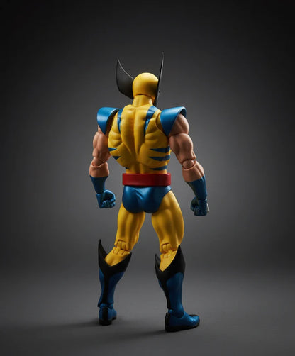 MAFEX No.096 Wolverine X-Men Action Figure of a superhero in yellow and blue costume with claws on a gray background