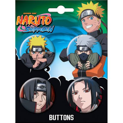 Set of Naruto Shippuden buttons with character illustrations on a packaging background