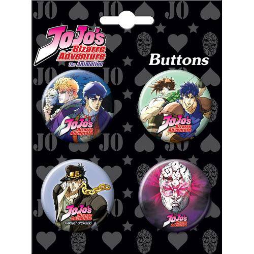 Pack of JoJo's Bizarre Adventure buttons with character illustrations on a black background.