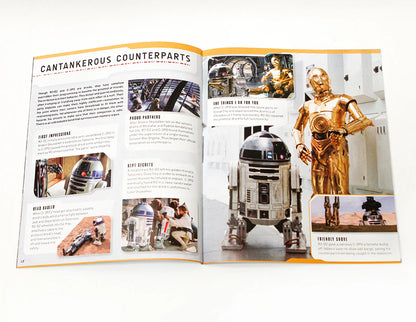 Open book showing images of Star Wars robots with text on a white background