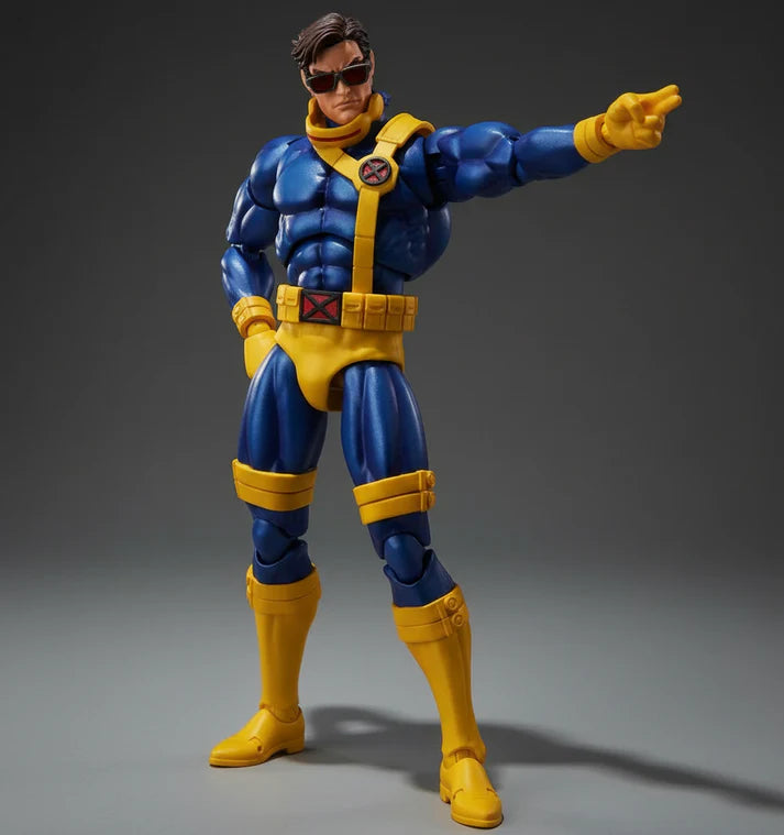 MAFEX No.099 Cyclops X-Men Action Figure in blue and yellow costume on a gray background