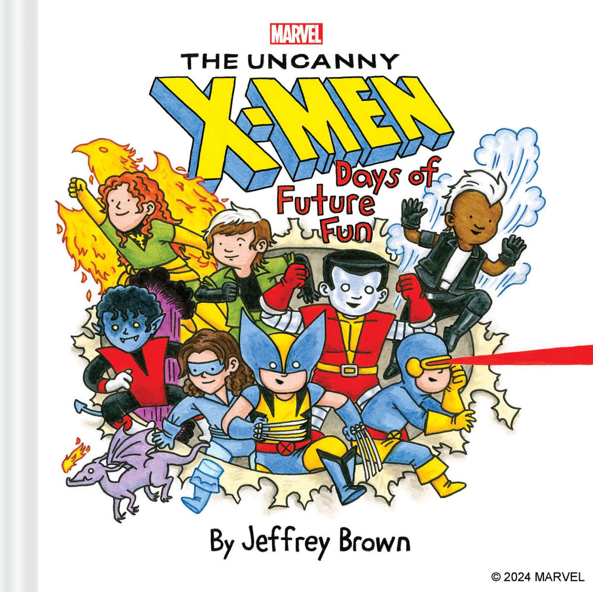 Book cover of 'The Uncanny X-Men: Days of Future Fun' by Jeffrey Brown with colorful characters and Marvel logo. Available now at ChimpLoot.com
