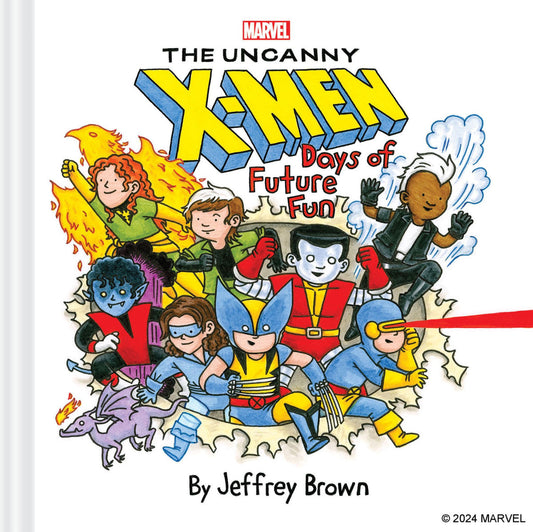 Book cover of 'The Uncanny X-Men: Days of Future Fun' by Jeffrey Brown with colorful characters and Marvel logo. Available now at ChimpLoot.com