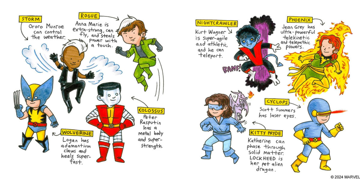Book cover of 'The Uncanny X-Men: Days of Future Fun' by Jeffrey Brown with colorful characters and Marvel logo. Available now at ChimpLoot.com