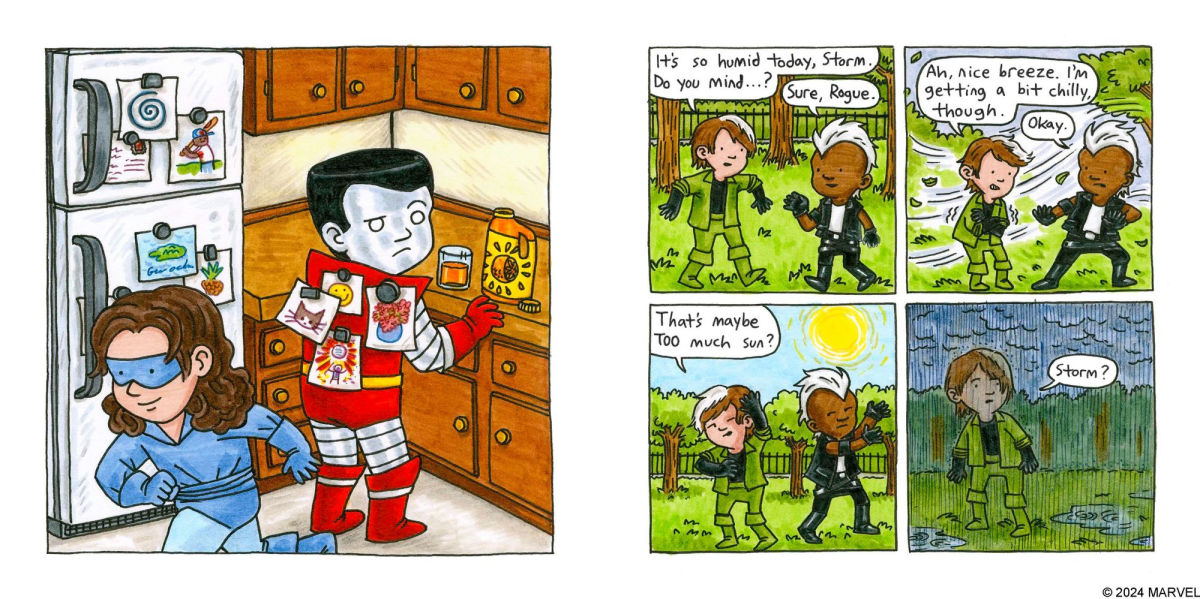 Book cover of 'The Uncanny X-Men: Days of Future Fun' by Jeffrey Brown with colorful characters and Marvel logo. Available now at ChimpLoot.com