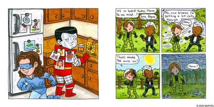 Book cover of 'The Uncanny X-Men: Days of Future Fun' by Jeffrey Brown with colorful characters and Marvel logo. Available now at ChimpLoot.com