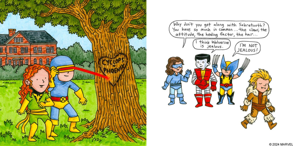 Book cover of 'The Uncanny X-Men: Days of Future Fun' by Jeffrey Brown with colorful characters and Marvel logo. Available now at ChimpLoot.com